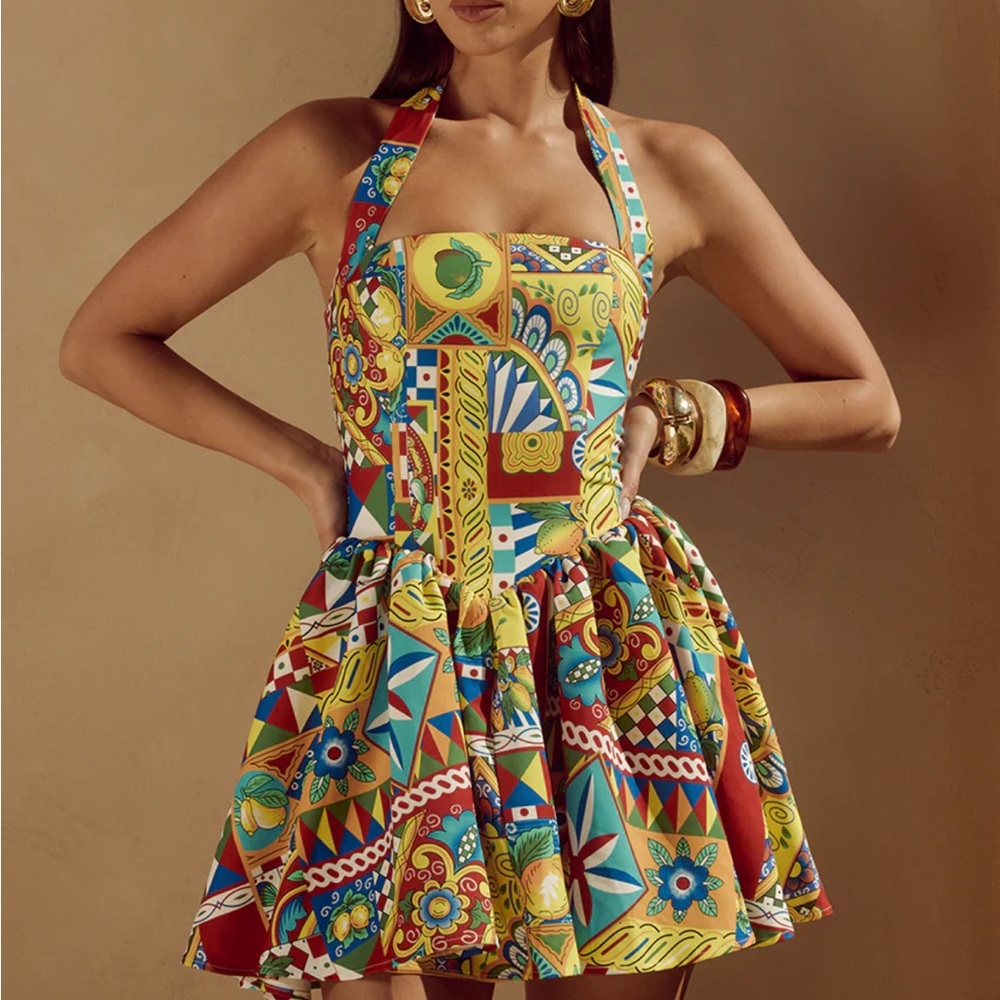 Multicolor Geometric Print Halter Mini Dress